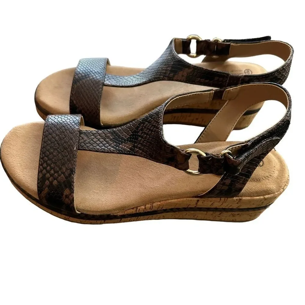 Gianni Bernini Terril Wedge Sandals Women 10M Brown Snakeskin Strappy Cork Heels